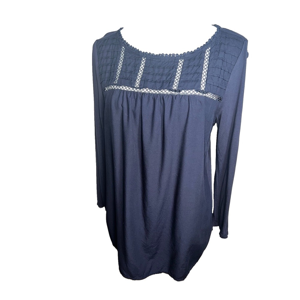 Ann Taylor Loft Navy Open Crochet Pintuck Flowing Viscose Tunic Blouse M